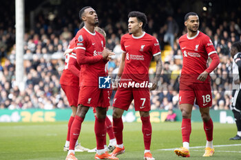 2024-04-21 - Liverpool midfielder Ryan Gravenberch (38) scores and celebrates 1-2 during the English championship Premier League football match between Fulham and Liverpool on 21 April 2024 at Craven Cottage in London, England - FOOTBALL - ENGLISH CHAMP - FULHAM V LIVERPOOL - ENGLISH PREMIER LEAGUE - SOCCER