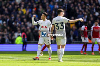 2024-04-29 - Son Heung-Min (7) of Tottenham Hotspur scores a goal and celebrates 2-3 during the English championship Premier League football match between Tottenham Hotspur and Arsenal on 28 April 2024 at Tottenham Hotspur Stadium in London, England - FOOTBALL - ENGLISH CHAMP - TOTTENHAM V ARSENAL - ENGLISH PREMIER LEAGUE - SOCCER