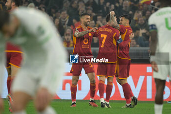 2024-02-22 - Lorenzo Pellegrini (AS Roma); celebrates after scoring the goal 1-1 during the UEFA Europa League 2023-2024 football match between AS Roma and Feyenoord at the Olympic Stadium in Rome on February 22, 2024. - AS ROMA VS FEYENOORD - UEFA EUROPA LEAGUE - SOCCER