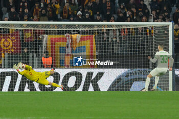 2024-02-22 - Mile Svilar (AS Roma); rejects the penalty kicked by David Hancko (Feyenoord); during the UEFA Europa League 2023-2024 football match between AS Roma and Feyenoord at the Olympic Stadium in Rome on February 22, 2024. - AS ROMA VS FEYENOORD - UEFA EUROPA LEAGUE - SOCCER