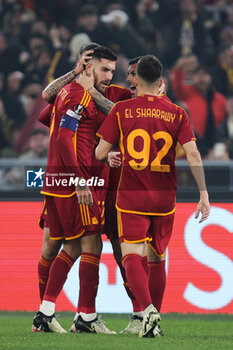 2024-02-22 - Lorenzo Pellegrini of Roma celebrates with Paulo Dybala after scoring 1-1 goal during the UEFA Europa League, Play-off, 2nd leg football match between AS Roma and Feyenoord on February 22, 2024 at Stadio Olimpico in Rome, Italy - FOOTBALL - EUROPA LEAGUE - ROMA V FEYENOORD - UEFA EUROPA LEAGUE - SOCCER