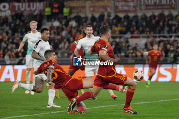 2024-03-07 - Gianluca Mancini (AS Roma); goal 3-0 during the UEFA Europa League 2023-2024 road of 16 football match between AS Roma and Brighton at the Olympic Stadium in Rome on March 07, 2024. - ROMA VS BRIGHTON & HOVE ALBION - UEFA EUROPA LEAGUE - SOCCER