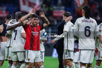 2024-04-11 - Paulo Dybala of AS Roma celebrates the victory at the end of the match wearing Rafael Leao's shirt during UEFA Europa League 2023/24 Quarter Finals - 1st  leg football match between AC Milan and AS Roma at San Siro Stadium, Milan, Italy on April 11, 2024 - AC MILAN VS AS ROMA - UEFA EUROPA LEAGUE - SOCCER