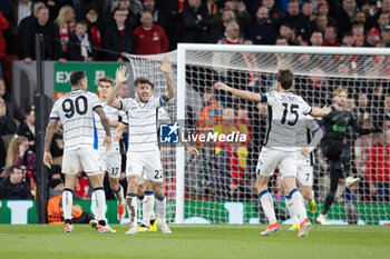 2024-04-11 - Atalanta forward Gianluca Scamacca (90) scores and celebrates 0-1 during the UEFA Europa League, Quarter-finals, 1st leg football match between Liverpool and Atalanta on 11 April 2024 at Anfield stadium in Liverpool, England - FOOTBALL - EUROPA LEAGUE - LIVERPOOL V ATALANTA - UEFA EUROPA LEAGUE - SOCCER