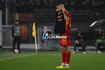2024-04-18 - Gianluca Mancini of A.S. Roma celebrates after scoring the gol of 1-0 during the UEFA Europa League Quarter-final second Leg match, between A.S. Roma vs A.C. Milan at the Olympic Stadium on April 18, 2024 in Rome, Italy. - AS ROMA VS AC MILAN - UEFA EUROPA LEAGUE - SOCCER