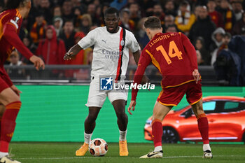 2024-04-18 - Yunus Musah of A.C. Milan and Diego Llorente of A.S. Roma during the UEFA Europa League Quarter-final second Leg match, between A.S. Roma vs A.C. Milan at the Olympic Stadium on April 18, 2024 in Rome, Italy. - AS ROMA VS AC MILAN - UEFA EUROPA LEAGUE - SOCCER