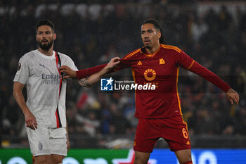 2024-04-18 - Olivier Giroud of A.C. Milan and Chris Smalling of A.S. Roma during the UEFA Europa League Quarter-final second Leg match, between A.S. Roma vs A.C. Milan at the Olympic Stadium on April 18, 2024 in Rome, Italy. - AS ROMA VS AC MILAN - UEFA EUROPA LEAGUE - SOCCER