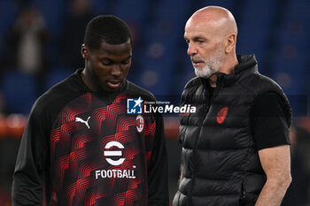 2024-04-18 - Yunus Musah and Stefano Pioli of A.C. Milan during the UEFA Europa League Quarter-final second Leg match, between A.S. Roma vs A.C. Milan at the Olympic Stadium on April 18, 2024 in Rome, Italy. - AS ROMA VS AC MILAN - UEFA EUROPA LEAGUE - SOCCER
