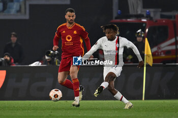2024-04-18 - Leonardo Spinazzola of A.S. Roma and Samuel Chukwueze of A.C. Milan during the UEFA Europa League Quarter-final second Leg match, between A.S. Roma vs A.C. Milan at the Olympic Stadium on April 18, 2024 in Rome, Italy. - AS ROMA VS AC MILAN - UEFA EUROPA LEAGUE - SOCCER