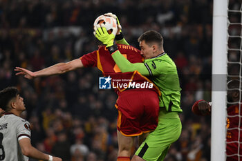 2024-05-02 - Bryan Cristante of A.S. Roma and Matěj Kovař of Bayer Leverkusen during the UEFA Europa League semi-final first Leg match, between A.S. Roma vs Bayer Leverkusen at the Olympic Stadium on 2 May, 2024 in Rome, Italy. - AS ROMA VS BAYER 04 LEVERKUSEN - UEFA EUROPA LEAGUE - SOCCER