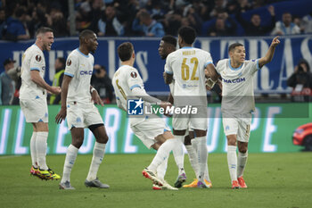 2024-05-02 - Chancel Mbemba of Marseille (center, hidden) celebrates his goal with Jordan Veretout, Ismaila Sarr, Amine Harit during the UEFA Europa League, Semi-finals, 1st leg football match between Olympique de Marseille (OM) and Atalanta Bergame on May 2, 2024 at Velodrome stadium in Marseille, France - FOOTBALL - EUROPA LEAGUE - MARSEILLE V ATALANTA - UEFA EUROPA LEAGUE - SOCCER