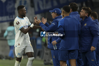 2024-05-02 - Chancel Mbemba of Marseille celebrates his goal with coach of Olympique de Marseille Jean-Louis Gasset during the UEFA Europa League, Semi-finals, 1st leg football match between Olympique de Marseille (OM) and Atalanta Bergame on May 2, 2024 at Velodrome stadium in Marseille, France - FOOTBALL - EUROPA LEAGUE - MARSEILLE V ATALANTA - UEFA EUROPA LEAGUE - SOCCER