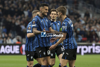 2024-05-02 - Gianluca Scamacca of Atalanta celebrates his goal with Charles De Ketelaere and teammates during the UEFA Europa League, Semi-finals, 1st leg football match between Olympique de Marseille (OM) and Atalanta Bergame on May 2, 2024 at Velodrome stadium in Marseille, France - FOOTBALL - EUROPA LEAGUE - MARSEILLE V ATALANTA - UEFA EUROPA LEAGUE - SOCCER