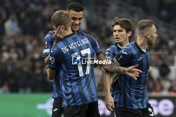 2024-05-02 - Gianluca Scamacca of Atalanta celebrates his goal with Charles De Ketelaere and teammates during the UEFA Europa League, Semi-finals, 1st leg football match between Olympique de Marseille (OM) and Atalanta Bergame on May 2, 2024 at Velodrome stadium in Marseille, France - FOOTBALL - EUROPA LEAGUE - MARSEILLE V ATALANTA - UEFA EUROPA LEAGUE - SOCCER