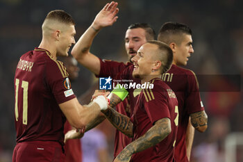 2024-09-26 - Rome, Italy 26.9.2024: Artem Dovbyk of Roma score the goal and celebrate with Angelino of Roma the team during the UEFA Europa League 2024-2025 day 1, football match between AS Roma vs Athletic Club Bilbao at Olympic Stadium in Rome. - AS ROMA VS ATHLETIC BILBAO - UEFA EUROPA LEAGUE - SOCCER