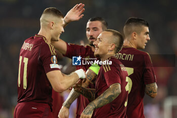 2024-09-26 - Rome, Italy 26.9.2024: Artem Dovbyk of Roma score the goal and celebrate with Angelino of Roma the team during the UEFA Europa League 2024-2025 day 1, football match between AS Roma vs Athletic Club Bilbao at Olympic Stadium in Rome. - AS ROMA VS ATHLETIC BILBAO - UEFA EUROPA LEAGUE - SOCCER