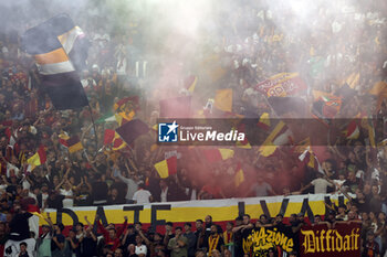 2024-09-26 - Rome, Italy 26.9.2024: dRoma supporters flags on the stand uring the UEFA Europa League 2024-2025 day 1, football match between AS Roma vs Athletic Club Bilbao at Olympic Stadium in Rome. - AS ROMA VS ATHLETIC BILBAO - UEFA EUROPA LEAGUE - SOCCER