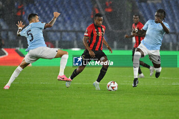 2024-10-03 - Matias Vecino of S.S. Lazio, Youssoufa Moukoko of O.G.C. Nice and Loum Tchaouna of S.S. Lazio in action during the UEFA Europa League 2024/25 League Phase MD2 match between S.S. Lazio and O.G.C. Nice at Olympic Stadium on October 3, 2024 in Rome, Italy. - SS LAZIO VS OGC NICE - UEFA EUROPA LEAGUE - SOCCER