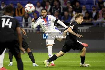 2024-10-24 - Said Benrahma of Lyon, Jonas Svensson of Besiktas during the UEFA Europa League, League phase, matchday 3 football match between Olympique Lyonnais (Lyon) and Besiktas JK on 24 October 2024 at Groupama stadium in Decines-Charpieu near Lyon, France - FOOTBALL - EUROPA LEAGUE - LYON V BESIKTAS - UEFA EUROPA LEAGUE - SOCCER