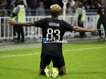 2024-10-24 - Gedson Fernandes of Besiktas celebrates his goal during the UEFA Europa League, League phase, matchday 3 football match between Olympique Lyonnais (Lyon) and Besiktas JK on 24 October 2024 at Groupama stadium in Decines-Charpieu near Lyon, France - FOOTBALL - EUROPA LEAGUE - LYON V BESIKTAS - UEFA EUROPA LEAGUE - SOCCER