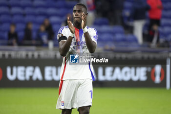 2024-10-24 - Moussa Niakhate of Lyon salutes the supporters following the UEFA Europa League, League phase, matchday 3 football match between Olympique Lyonnais (Lyon) and Besiktas JK on 24 October 2024 at Groupama stadium in Decines-Charpieu near Lyon, France - FOOTBALL - EUROPA LEAGUE - LYON V BESIKTAS - UEFA EUROPA LEAGUE - SOCCER