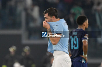 2024-11-07 - Lazio’s Alessio Romagnoli celebrates after scoring the goal 1-0 during the UEFA Europa League 2024-2025  football match between SS Lazio and FC Porto at the Olympic Stadium in Rome on November 07, 2024. - SS LAZIO VS FC PORTO - UEFA EUROPA LEAGUE - SOCCER