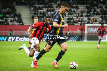 2024-11-07 - Youssoufa MOUKOKO of Nice and Alec VAN HOORENBEECK of FC Twente during the UEFA Europa League, League Phase MD4 football match between OGC Nice and FC Twente on 7 November 2024 at Allianz Riviera in Nice, France - FOOTBALL - EUROPA LEAGUE - NICE V TWENTE - UEFA EUROPA LEAGUE - SOCCER