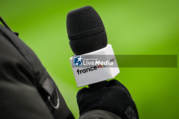 2024-01-07 - Microphone France TV during the French Cup, round of 64 football match between RC Lens and AS Monaco on January 7, 2024 at Bollaert-Delelis stadium in Lens, France - FOOTBALL - FRENCH CUP - LENS V MONACO - FRENCH CUP - SOCCER