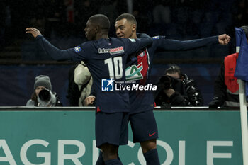 2024-02-07 - Kylian Mbappe of PSG celebrates his goal with Ousmane Dembele (left) during the French Cup, round of 16 football match between Paris Saint-Germain (PSG) and Stade Brestois 29 (Brest) on February 7, 2024 at Parc des Princes stadium in Paris, France - FOOTBALL - FRENCH CUP - PARIS SG V BREST - FRENCH CUP - SOCCER