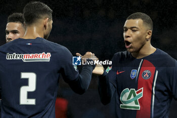 2024-02-07 - Kylian Mbappe of PSG celebrates his goal with Achraf Hakimi (left) during the French Cup, round of 16 football match between Paris Saint-Germain (PSG) and Stade Brestois 29 (Brest) on February 7, 2024 at Parc des Princes stadium in Paris, France - FOOTBALL - FRENCH CUP - PARIS SG V BREST - FRENCH CUP - SOCCER