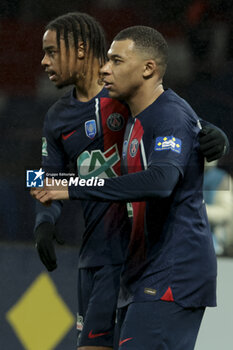 2024-02-07 - Kylian Mbappe of PSG celebrates his goal with Bradley Barcola (left) during the French Cup, round of 16 football match between Paris Saint-Germain (PSG) and Stade Brestois 29 (Brest) on February 7, 2024 at Parc des Princes stadium in Paris, France - FOOTBALL - FRENCH CUP - PARIS SG V BREST - FRENCH CUP - SOCCER