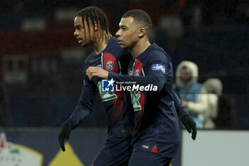 2024-02-07 - Kylian Mbappe of PSG celebrates his goal with Bradley Barcola (left) during the French Cup, round of 16 football match between Paris Saint-Germain (PSG) and Stade Brestois 29 (Brest) on February 7, 2024 at Parc des Princes stadium in Paris, France - FOOTBALL - FRENCH CUP - PARIS SG V BREST - FRENCH CUP - SOCCER