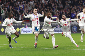 2024-04-02 - Alexandre LACAZETTE of Lyon celebrate scoring the goal and Maxence CAQUERET of Lyon and Mohamed BENRAHMA of Lyon and Clinton MATA of Lyon during the French Cup, Semi-final football match between Olympique Lyonnais and Valenciennes FC on April 2, 2024 at Groupama stadium in Decines-Charpieu near Lyon, France - FOOTBALL - FRENCH CUP - LYON V VALENCIENNES - FRENCH CUP - SOCCER