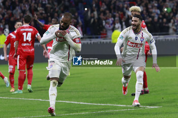 2024-04-02 - Alexandre LACAZETTE of Lyon and Mohamed BENRAHMA of Lyon celebrate scoring the goal during the French Cup, Semi-final football match between Olympique Lyonnais and Valenciennes FC on April 2, 2024 at Groupama stadium in Decines-Charpieu near Lyon, France - FOOTBALL - FRENCH CUP - LYON V VALENCIENNES - FRENCH CUP - SOCCER