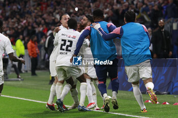 2024-04-02 - Alexandre LACAZETTE of Lyon and Mohamed BENRAHMA of Lyon celebrate scoring the goal during the French Cup, Semi-final football match between Olympique Lyonnais and Valenciennes FC on April 2, 2024 at Groupama stadium in Decines-Charpieu near Lyon, France - FOOTBALL - FRENCH CUP - LYON V VALENCIENNES - FRENCH CUP - SOCCER