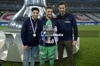 2024-05-25 - Carlos Soler, PSG goalkeepers Arnau Tenas and Sergio Rico celebrate the victory following the French Cup Final football match between Olympique Lyonnais (OL, Lyon) and Paris Saint-Germain (PSG) on May 25, 2024 at Stade Pierre Mauroy, Decathlon Arena in Villeneuve-d'Ascq near Lille, France - FOOTBALL - FRENCH CUP - FINAL - LYON V PARIS SG - FRENCH CUP - SOCCER