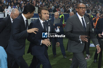 2024-05-25 - PSG President Nasser Al Khelaifi, President of France Emmanuel Macron, President of French Football Federation FFF Philippe Diallo during the podium ceremony following the French Cup Final football match between Olympique Lyonnais (OL, Lyon) and Paris Saint-Germain (PSG) on May 25, 2024 at Stade Pierre Mauroy, Decathlon Arena in Villeneuve-d'Ascq near Lille, France - FOOTBALL - FRENCH CUP - FINAL - LYON V PARIS SG - FRENCH CUP - SOCCER