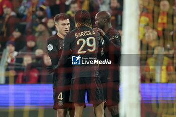 2024-01-14 - Bradley Barcola of PSG celebrates his goal with Manuel Ugarte and Danilo Pereira of PSG during the French championship Ligue 1 football match between RC Lens and Paris Saint-Germain on January 14, 2024 at Stade Bollaert-Delelis in Lens, France - FOOTBALL - FRENCH CHAMP - LENS V PARIS SG - FRENCH LIGUE 1 - SOCCER
