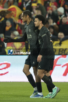 2024-01-14 - Bradley Barcola of PSG celebrates his goal with Warren Zaire-Emery of PSG during the French championship Ligue 1 football match between RC Lens and Paris Saint-Germain on January 14, 2024 at Stade Bollaert-Delelis in Lens, France - FOOTBALL - FRENCH CHAMP - LENS V PARIS SG - FRENCH LIGUE 1 - SOCCER