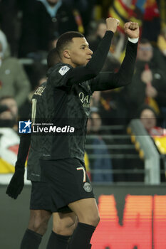 2024-01-14 - Kylian Mbappe of PSG celebrates his goal during the French championship Ligue 1 football match between RC Lens and Paris Saint-Germain on January 14, 2024 at Stade Bollaert-Delelis in Lens, France - FOOTBALL - FRENCH CHAMP - LENS V PARIS SG - FRENCH LIGUE 1 - SOCCER