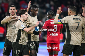 2024-01-28 - Randal KOLO MUANI of PSG celebrate his goal with Lucas HERNANDEZ of PSG, Vitor MACHADO FERREIRA (Vitinha) of PSG and Kylian MBAPPE of PSG during the French championship Ligue 1 football match between Paris Saint-Germain and Stade Brestois (Brest) on January 28, 2024 at Parc des Princes stadium in Paris, France - FOOTBALL - FRENCH CHAMP - PARIS SG V BREST - FRENCH LIGUE 1 - SOCCER