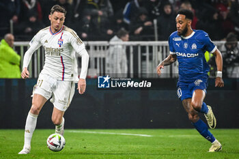 2024-02-04 - Nemanja MATIC of Lyon and Pierre-Emerick AUBAMEYANG of Marseille during the French championship Ligue 1 football match between Olympique Lyonnais (Lyon) and Olympique de Marseille on February 4, 2024 at Groupama Stadium in Décines-Charpieu near Lyon, France - FOOTBALL - FRENCH CHAMP - LYON V MARSEILLE - FRENCH LIGUE 1 - SOCCER