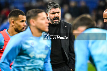 2024-02-04 - Gennaro GATTUSO of Marseille, Amine HARIT of Marseille and Iliman NDIAYE of Marseille during the French championship Ligue 1 football match between Olympique Lyonnais (Lyon) and Olympique de Marseille on February 4, 2024 at Groupama Stadium in Décines-Charpieu near Lyon, France - FOOTBALL - FRENCH CHAMP - LYON V MARSEILLE - FRENCH LIGUE 1 - SOCCER