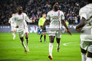 2024-02-16 - Orel MANGALA of Lyon celebrate his goal with Clinton MATA of Lyon during the French championship Ligue 1 football match between Olympique Lyonnais (Lyon) and OGC Nice on February 16, 2024 at Groupama stadium in Decines-Charpieu near Lyon, France - FOOTBALL - FRENCH CHAMP - LYON V NICE - FRENCH LIGUE 1 - SOCCER