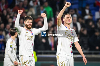 2024-02-16 - Nemanja MATIC of Lyon and Duje CALETA-CAR of Lyon celebrate the victory during the French championship Ligue 1 football match between Olympique Lyonnais (Lyon) and OGC Nice on February 16, 2024 at Groupama stadium in Decines-Charpieu near Lyon, France - FOOTBALL - FRENCH CHAMP - LYON V NICE - FRENCH LIGUE 1 - SOCCER