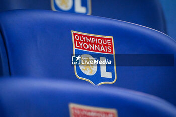 2024-02-16 - Illustration of the official logo of Lyon during the French championship Ligue 1 football match between Olympique Lyonnais (Lyon) and OGC Nice on February 16, 2024 at Groupama stadium in Decines-Charpieu near Lyon, France - FOOTBALL - FRENCH CHAMP - LYON V NICE - FRENCH LIGUE 1 - SOCCER