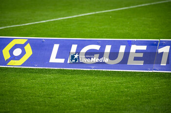 2024-02-16 - Illustration of the official logo of Ligue 1 during the French championship Ligue 1 football match between Olympique Lyonnais (Lyon) and OGC Nice on February 16, 2024 at Groupama stadium in Decines-Charpieu near Lyon, France - FOOTBALL - FRENCH CHAMP - LYON V NICE - FRENCH LIGUE 1 - SOCCER