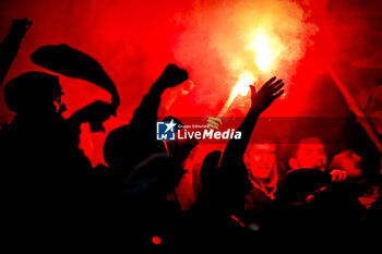 2024-02-16 - Supporters of Lyon using smoke bombs during the French championship Ligue 1 football match between Olympique Lyonnais (Lyon) and OGC Nice on February 16, 2024 at Groupama stadium in Decines-Charpieu near Lyon, France - FOOTBALL - FRENCH CHAMP - LYON V NICE - FRENCH LIGUE 1 - SOCCER