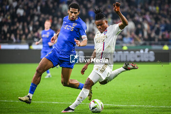 2024-02-16 - Jean-Clair TODIBO of Nice and Gift ORBAN of Lyon during the French championship Ligue 1 football match between Olympique Lyonnais (Lyon) and OGC Nice on February 16, 2024 at Groupama stadium in Decines-Charpieu near Lyon, France - FOOTBALL - FRENCH CHAMP - LYON V NICE - FRENCH LIGUE 1 - SOCCER
