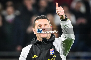 2024-02-16 - Pierre SAGE of Lyon celebrates the victory during the French championship Ligue 1 football match between Olympique Lyonnais (Lyon) and OGC Nice on February 16, 2024 at Groupama stadium in Decines-Charpieu near Lyon, France - FOOTBALL - FRENCH CHAMP - LYON V NICE - FRENCH LIGUE 1 - SOCCER